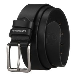 Pasek męski ze skóry naturalnej w czarnym kolorze z tradycyjną klamrą - Peterson. Czarne paski damskie Peterson, bez wzorów, z jeansu, klasyczne. Za 59.99 zł.