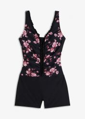 Kostium kąpielowy z nogawkami, lekki stopień modelowania sylwetki. Czarne kostiumy jednoczęściowe damskie bonprix, bez wzorów, eleganckie. Za 149.99 zł.