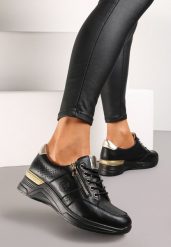 Czarne Sneakersy na Koturnie ze Skórzaną Wkładką z Błyszczącą Wstawką i Suwakiem Fenalla. Czarne obuwie sportowe damskie Renee, bez wzorów. Za 119.99 zł.