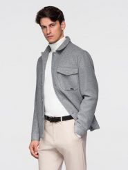 Lekka flauszowa kurtka męska z dodatkiem wiskozy – szara V2 - Rozmiar: XXL. Szare kurtki męskie Ombre Clothing, m, bez wzorów, z materiału, bez kaptura. W wyprzedaży za 169.99 zł.