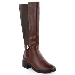 Kozaki damskie brązowe eVento 25KZ02-9430. Brązowe kozaki damskie eVento, ze skóry ekologicznej, bez obcasa. Za 229.99 zł.