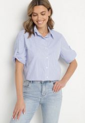 Jasnoniebieska Klasyczna Koszula z Bawełny w Paseczki z Rękawem 3/4 Liantarra. Niebieskie bluzki damskie Born2be, l, bez wzorów, z bawełny, eleganckie, bez kołnierzyka, bez ramiączek. Za 49.99 zł.