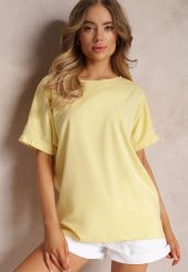 Żółty Bawełniany T-shirt Oversize z Krótkim Rękawem i Dłuższym Tyłem Zanimara. Żółte bluzki damskie Renee, s, bez wzorów, z bawełny, bez kołnierzyka, bez ramiączek. Za 24.99 zł.