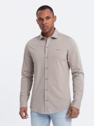 Męska bawełniana koszula REGULAR z dzianiny single jersey - popielata V5 - Rozmiar: S. Szare koszule męskie Ombre Clothing, m, bez wzorów, z bawełny, bez kołnierzyka, bez ramiączek. W wyprzedaży za 79.99 zł.
