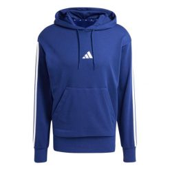 Bluza z kapturem adidas Essentials 3-Stripes French Terry. Niebieskie bluzy męskie Adidas, m, bez wzorów, z bawełny, z kapturem, do biegania. Za 215.99 zł.
