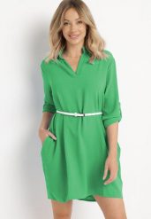 Zielona Sukienka Koszulowa o Rozkloszowanym Fasonie Neoriana. Zielone sukienki damskie Born2be, l, bez wzorów, bez kołnierzyka, bez ramiączek, maxi, koszulowe. Za 54.99 zł.