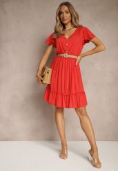 Czerwona Sukienka Rozkloszowana z Bawełny Ozdobiona Falbanami i Guzikami Zoliova. Czerwone sukienki damskie Renee, na co dzień, l, bez wzorów, z bawełny, eleganckie, bez kołnierzyka, bez ramiączek, mini, rozkloszowane. Za 39.99 zł.