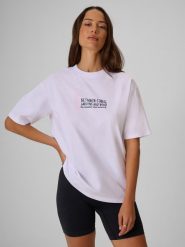 4F T-shirt loose z nadrukiem damski - biały S. Białe koszulki sportowe damskie 4f, s, bez wzorów, z bawełny, bez kołnierzyka, bez ramiączek, trekkingowe. Za 79.99 zł.