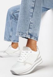 Białe Sneakersy na Grubej Podeszwie Zdobione Brokatem i Metaliczną Wstawką Seravi. Białe obuwie sportowe damskie Born2be, z aplikacjami. Za 99.99 zł.