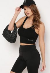 Czarny Krótki Top na Ramiączkach Mocopolia. Czarne bluzki damskie Born2be, l, bez wzorów, klasyczne, bez kołnierzyka, bez ramiączek. Za 39.99 zł.