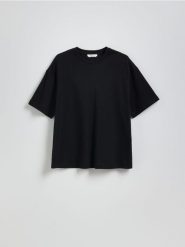 T-shirt oversize z merceryzowanej bawełny - czarny. Czarne t-shirty damskie Reserved, l, bez wzorów, z bawełny, bez kołnierzyka. Za 89.99 zł.