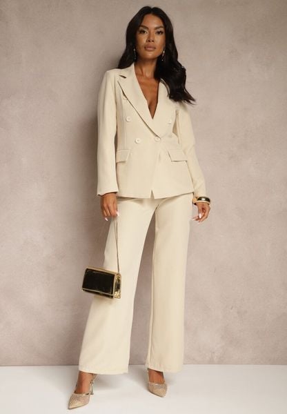 Beżowy Garniturowy Komplet Spodnie Wide Leg i Marynarka Arezellia. Brązowe spodnie materiałowe damskie Renee, s, bez wzorów. Za 209.99 zł.