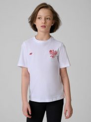 4F Koszulka kibica dziecięca - biała 134 (8-9 lat). Białe bluzki dla dziewczynek 4f, na lato, bez wzorów, z bawełny, bez kołnierzyka, bez ramiączek. Za 39.99 zł.