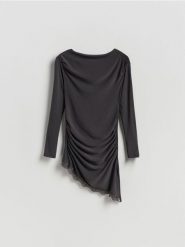 Asymetryczna bluzka - ciemnoszary. Szare bluzki damskie Reserved, l, bez wzorów, z dzianiny, z asymetrycznym kołnierzem, bez ramiączek. Za 99.99 zł.