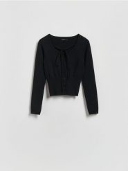 Sweter z wiązaniem - czarny. Czarne swetry damskie Reserved, l, bez wzorów, z dzianiny, bez kołnierzyka, bez ramiączek, bez kaptura. Za 99.99 zł.