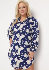 Granatowa Sukienka Koszulowa z Abstrakcyjnym Wzorem i Podwijanymi Rękawami Grailuna. Niebieskie sukienki damskie Born2be, l, bez wzorów, bez kołnierzyka, plus size, bez ramiączek, midi, koszulowe. Za 99.99 zł.