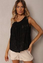 Czarna Ażurowa Bluzka Top z Bawełny Bez Rękawów Aalnea. Czarne koszule damskie Renee, l, w ażurowe wzory, z bawełny, eleganckie, bez kołnierzyka, bez ramiączek. Za 39.99 zł.