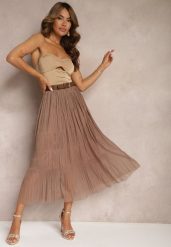 Jasnobrązowa Rozkloszowana Spódnica z Tiulu Wykończona Gumką w Pasie Risshara. Brązowe spódnice damskie Renee, l, bez wzorów, z tiulu, eleganckie, midi, dopasowane. Za 49.99 zł.
