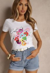 Biało-Niebieski Bawełniany T-shirt z Nadrukiem Zarinelle. Białe bluzki damskie Renee, l, bez wzorów, z bawełny, bez kołnierzyka, bez ramiączek. Za 34.99 zł.