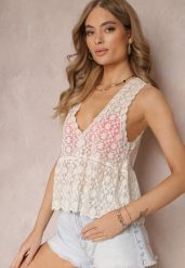 Beżowa Rozkloszowana Bluzka Top z Koronkowej Tkaniny Kambra. Brązowe koszule damskie Renee, bez wzorów, z jeansu, bez kołnierzyka, bez ramiączek. Za 69.99 zł.