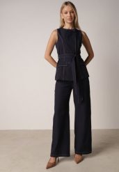 Granatowy Komplet Garniturowy Kamizelka z Paskiem i Szerokie Spodnie Zina. Niebieskie spodnie materiałowe damskie Born2be, m, bez wzorów. Za 259.99 zł.