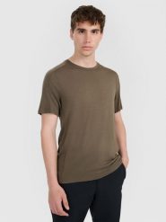 4F Koszulka trekkingowa z wełną merino męska - oliwkowa/khaki XL. Brązowe t-shirty męskie 4f, m, bez wzorów, z materiału, bez kołnierzyka. Za 199.99 zł.