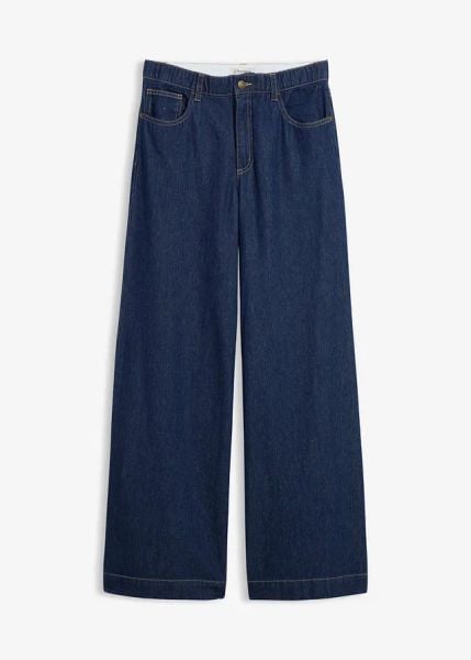 Dżinsy z szerokimi nogawkami, high waist. Niebieskie jeansy damskie bonprix, z podwyższonym stanem. Za 114.99 zł.