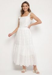 Biały Wiskozowy Komplet w Stylu Boho Top z Falbanką i Spódnica z Haftem Natisena. Białe spódnice damskie Born2be, m, bez wzorów, z materiału, boho. Za 239.99 zł.