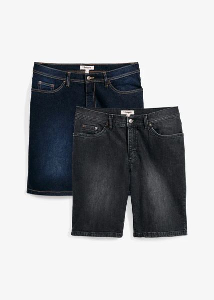 Bermudy jeansowe ze stretchem, regular fit (2 pary). Niebieskie szorty męskie bonprix, m, bez wzorów, z jeansu, klasyczne. Za 169.99 zł.