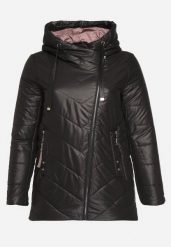 Czarno-Różowa Pikowana Kurtka z Kapturem i Asymetrycznym Suwakiem Terithie. Czarne kurtki damskie Born2be, xl, bez wzorów, z materiału, z kapturem. Za 129.99 zł.