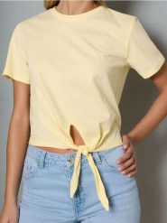 Koszulka wiązana w talii - yellow jeans. Żółte t-shirty damskie Sinsay, l, bez wzorów, z jeansu, bez kołnierzyka. Za 25.99 zł.