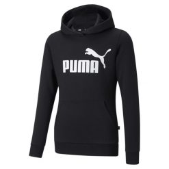 Młodzieżowa bluza z kapturem z logo Essentials PUMA Black. Czarna bluzy dla dziewczynek Puma, bez wzorów, bez ramiączek, z kapturem. Za 115.99 zł.