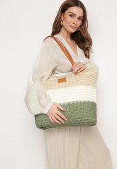 Beżowo-Zielona Torebka Tote w Stylu Boho z Plecionki na Suwak Rin. Zielone torebki do ręki damskie Born2be, bez wzorów, z jeansu, biznesowe, bez dodatków. Za 39.99 zł.