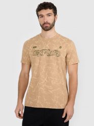 4F T-shirt regular z nadrukiem męski - beżowy S. Brązowe t-shirty męskie 4f, m, bez wzorów, z bawełny, bez kołnierzyka. Za 79.99 zł.