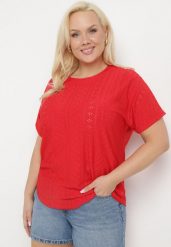 Czerwony T-shirt Koszulka z Krótkim Rękawem o Ażurowym Wykończeniu Meaara. Czerwone bluzki damskie Born2be, plus size, w ażurowe wzory, biznesowe, bez kołnierzyka. Za 34.99 zł.