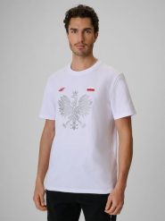 4F Koszulka kibica męska - biała XXL. Białe koszulki sportowe męskie 4f, m, bez wzorów, z dzianiny, sportowe, bez kołnierzyka. Za 79.99 zł.