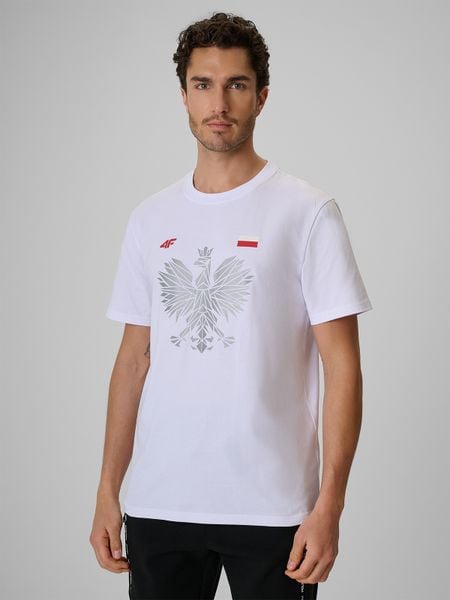 4F Koszulka kibica męska - biała XXL. Białe koszulki sportowe męskie 4f, m, bez wzorów, z dzianiny, sportowe, bez kołnierzyka. Za 79.99 zł.