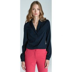 Granatowa Szykowna Bluzka z Szalowym Kołnierzem z Długim Rękawem. Niebieskie bluzki damskie Molly.pl, z materiału, eleganckie, z długim rękawem. Za 105.90 zł.