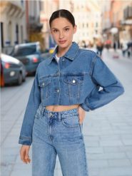 Kurtka jeansowa - niebieski. Niebieskie kurtki damskie Sinsay, l, bez wzorów, z bawełny, bez kaptura. Za 55.99 zł.