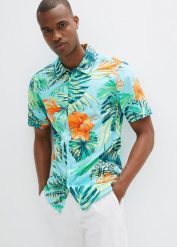 Koszula z krótkim rękawem z czystej bawełny. Niebieskie koszule męskie bonprix, m, bez wzorów, z bawełny, bez kołnierzyka, bez ramiączek. Za 79.99 zł.