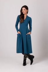 Rozkloszowana Sukienka z Kieszeniami - Morska. Zielone sukienki damskie MOE, l, bez wzorów, z bawełny, bez kołnierzyka, bez ramiączek, rozkloszowane. Za 344.90 zł.