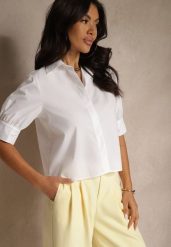Biała Koszula z Bawełny z Bufiastymi Rękawami Silanira. Białe bluzki damskie Renee, l, bez wzorów, z bawełny, eleganckie, bez kołnierzyka, bez ramiączek. Za 74.99 zł.