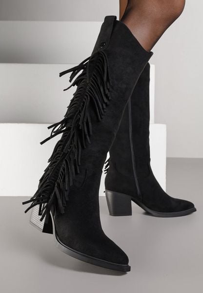 Czarne Kozaki Kowbojki na Stożku Zdobione Frędzlami Nucca. Czarne kozaki damskie Renee, z zamszu, bez obcasa, na obcasie. Za 169.99 zł.