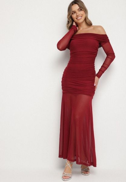 Bordowa Taliowana Sukienka Typu Hiszpanka z Transparentnymi Wstawkami Halacia. Czerwone sukienki damskie Born2be, l, bez wzorów, eleganckie, bez kołnierzyka, bez ramiączek, maxi. Za 169.99 zł.