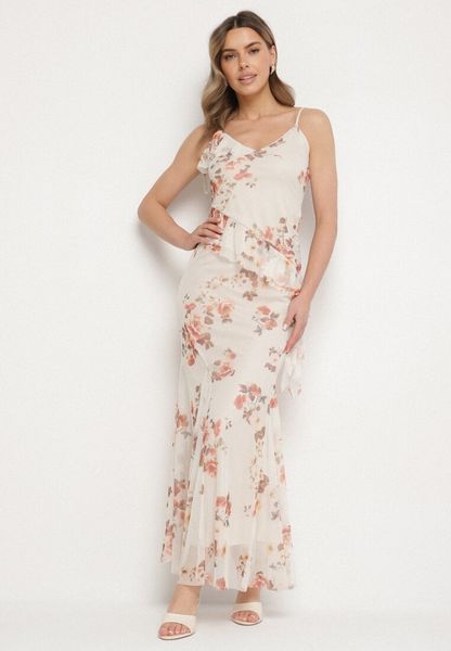 Beżowy Komplet w Kwiaty Spódnica i Top z Wiązanymi Ramiączkami i Falbankami Torellina. Brązowe spódnice damskie Born2be, m, z aplikacjami, z jeansu, eleganckie. Za 159.99 zł.