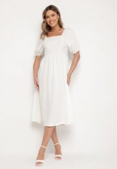 Biała Rozkloszowana Sukienka z Bufiastymi Rękawami Kolireva. Białe sukienki damskie Born2be, na co dzień, m, bez wzorów, eleganckie, bez kołnierzyka, bez ramiączek, midi, rozkloszowane. Za 99.99 zł.