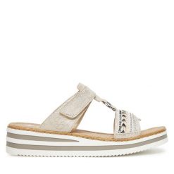 Klapki Rieker. Szare klapki damskie Rieker, bez wzorów, bez obcasa. Za 259.99 zł.