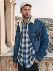 Jeansowa kurtka sherpa trucker - granatowy. Niebieskie kurtki męskie Sinsay, l, bez wzorów, z bawełny, bez kaptura. Za 139.99 zł.