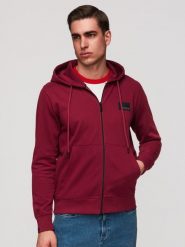 Rozpinana męska bluza dresowa z kapturem i naszywką – czerwona V3. Czerwone bluzy męskie Ombre Clothing, m, z aplikacjami, z bawełny, z kapturem. Za 149.99 zł.