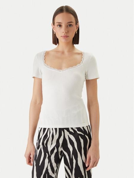 Morgan Bluzka 261-DAMOUR Biały Slim Fit. Białe bluzki damskie Morgan, m, bez wzorów, z bawełny, bez kołnierzyka, bez ramiączek. Za 93.99 zł.
